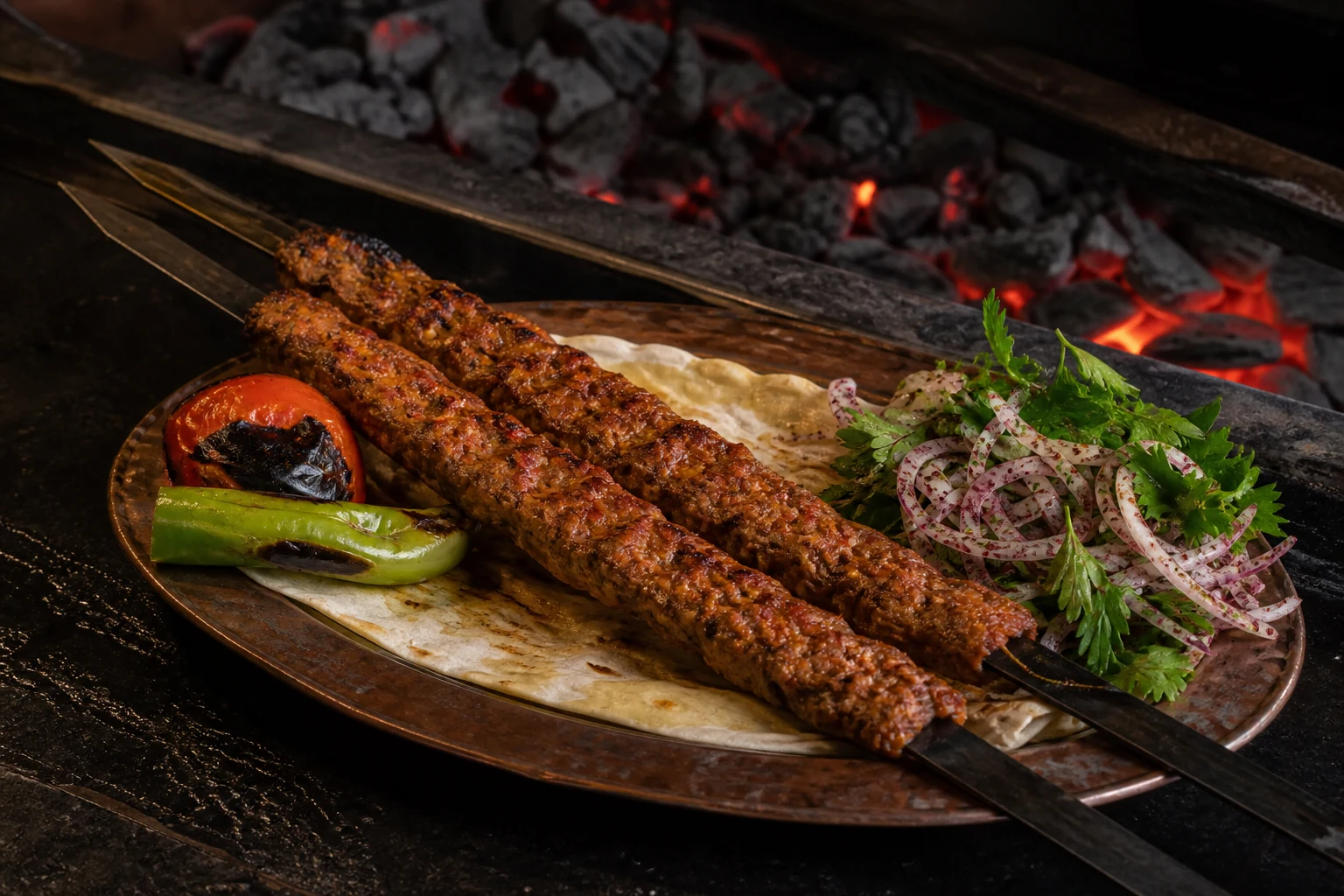 Adana Kebap mit Grillgemüse und Sumak-Zwiebeln